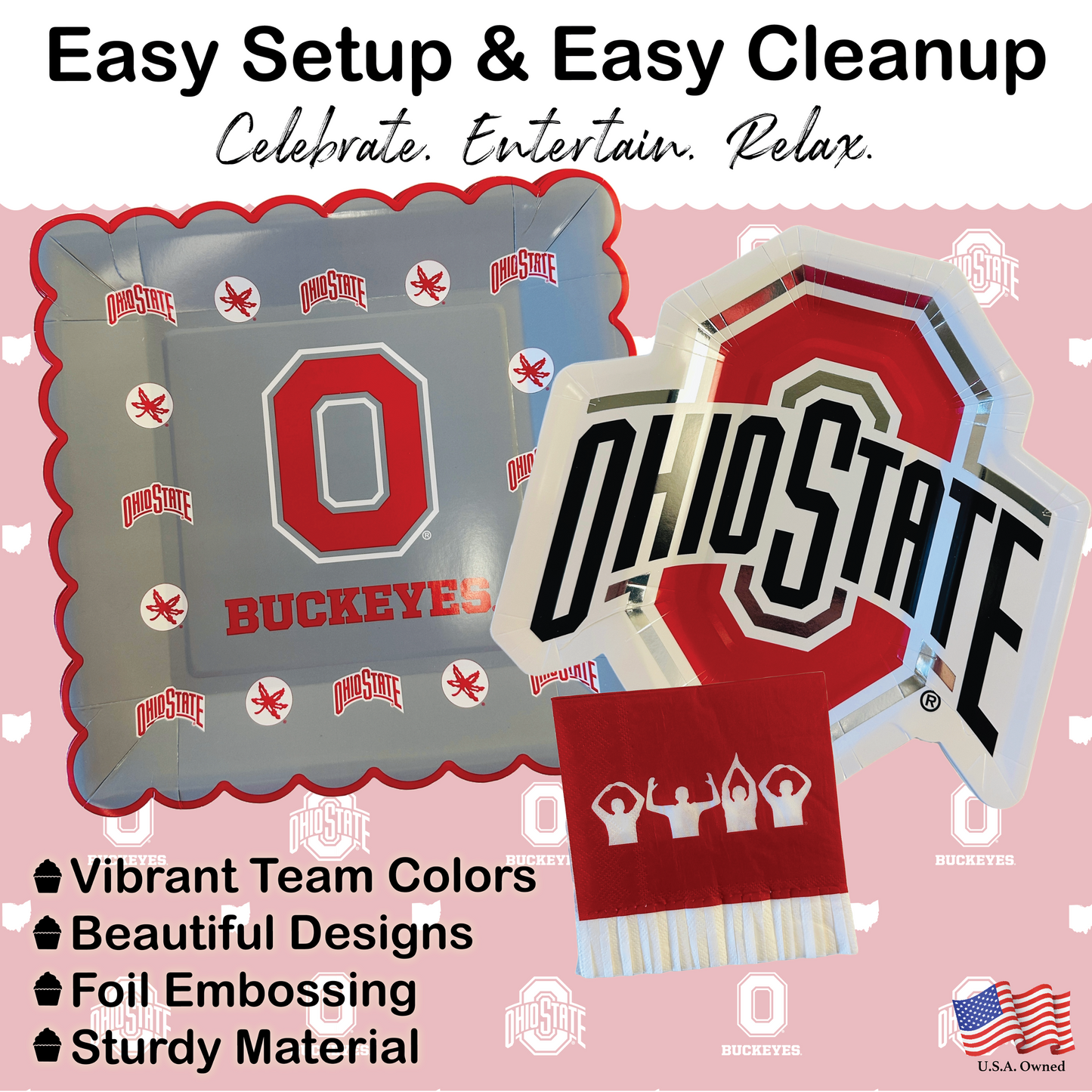 Ohio State Buckeyes Tableware Set with 24 Plates, 12 Napkins and 1 Tablecloth (Serves 12)
