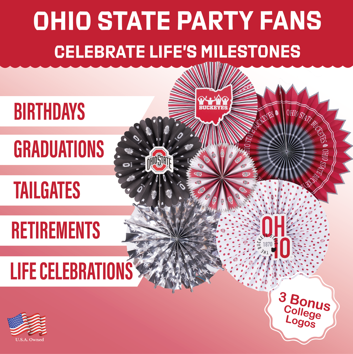 Ohio State Buckeye 6 Paper Fan OSU Backdrop Birthday Grad Party Decor