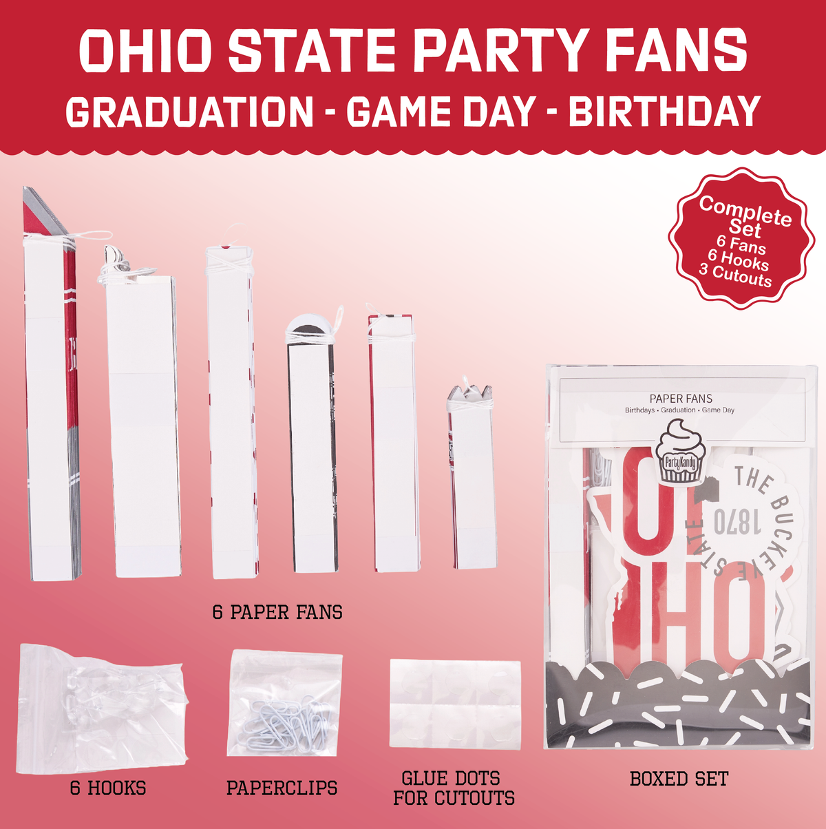 Ohio State Buckeye 6 Paper Fan OSU Backdrop Birthday Grad Party Decor