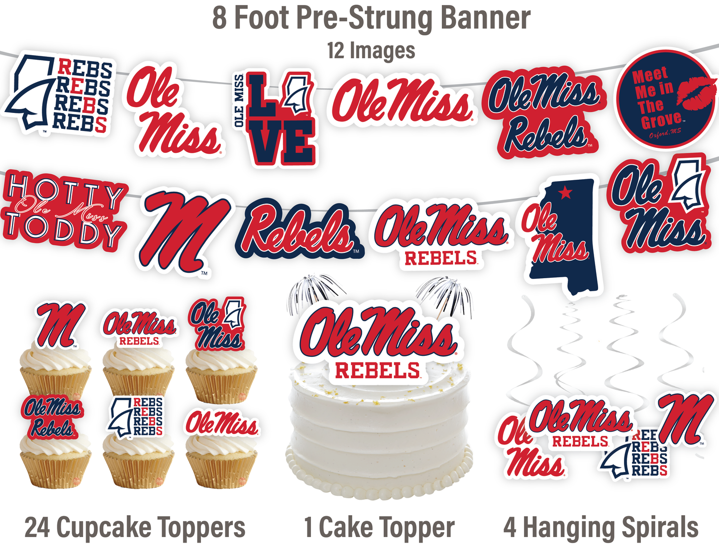Ole Miss Rebels Party Decorations with Banner and Cupcake Toppers (42 Pieces)