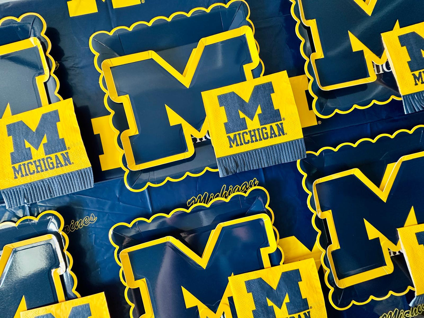 Michigan party supplies with Michigan tablecloth plates and napkins (37 piece set) for graduation, football tailgating, and birthday party decorations (Serves 12) (Michigan Wolverines)