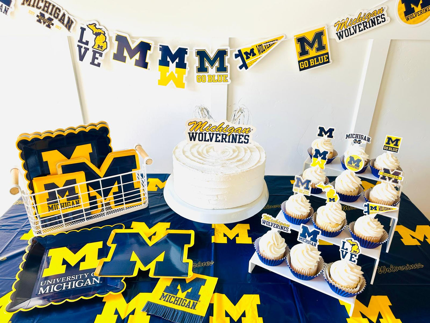 Michigan party supplies with Michigan tablecloth plates and napkins (37 piece set) for graduation, football tailgating, and birthday party decorations (Serves 12) (Michigan Wolverines)