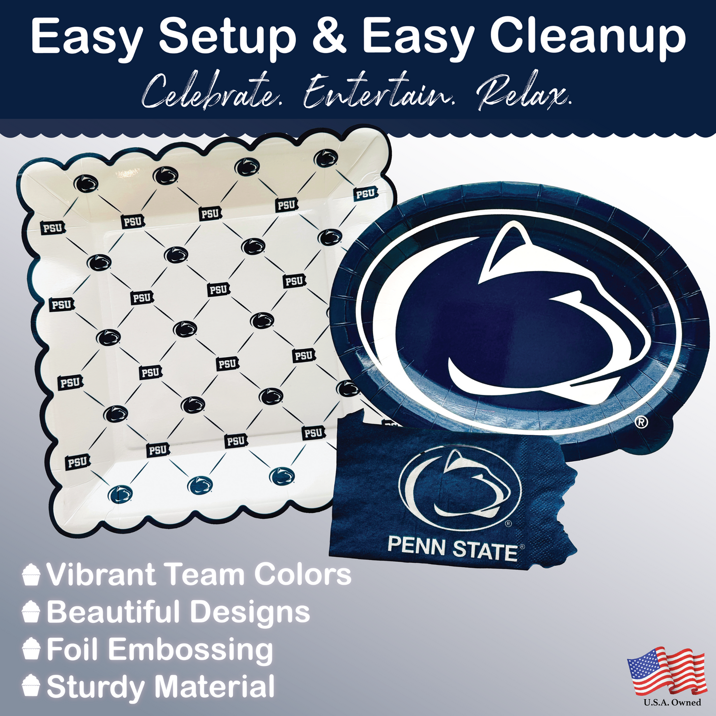 Penn State party supplies with PSU tablecloth plates and napkins (37 piece set) for graduation, football tailgating, and birthday party decorations (Serves 12) (Penn State Nittany Lions)