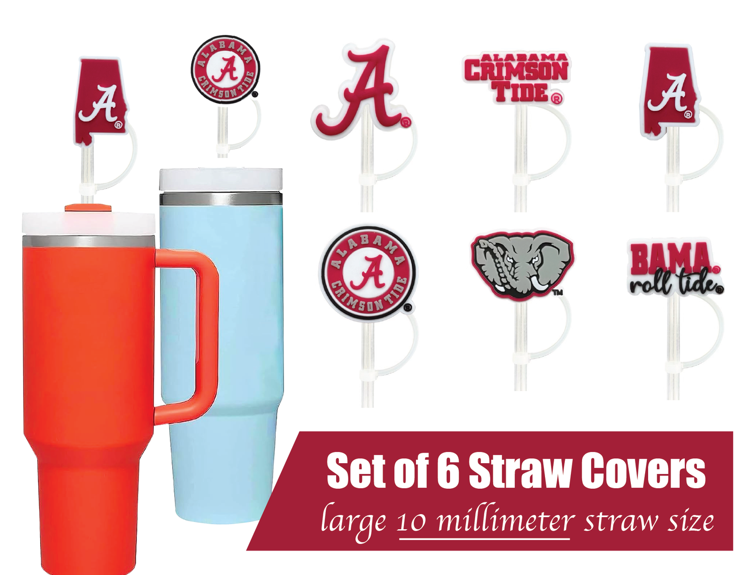 Alabama Crimson Tide 10mm Straw Toppers (6 Pieces)