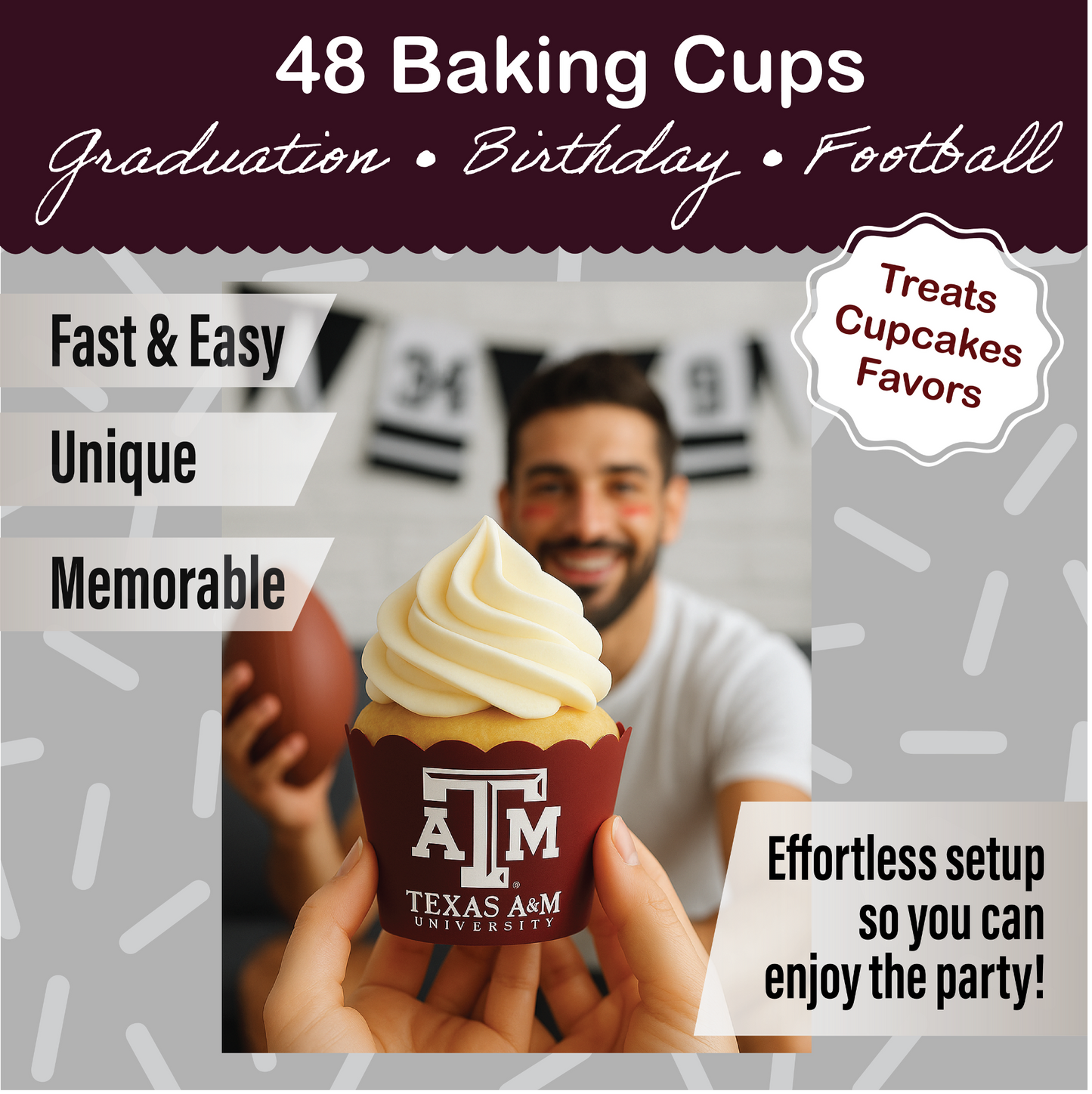 Texas A&M Baking Cups (48 Pcs) for Football, Birthday, and Graduation Party Decorations (Texas A&M Aggies)