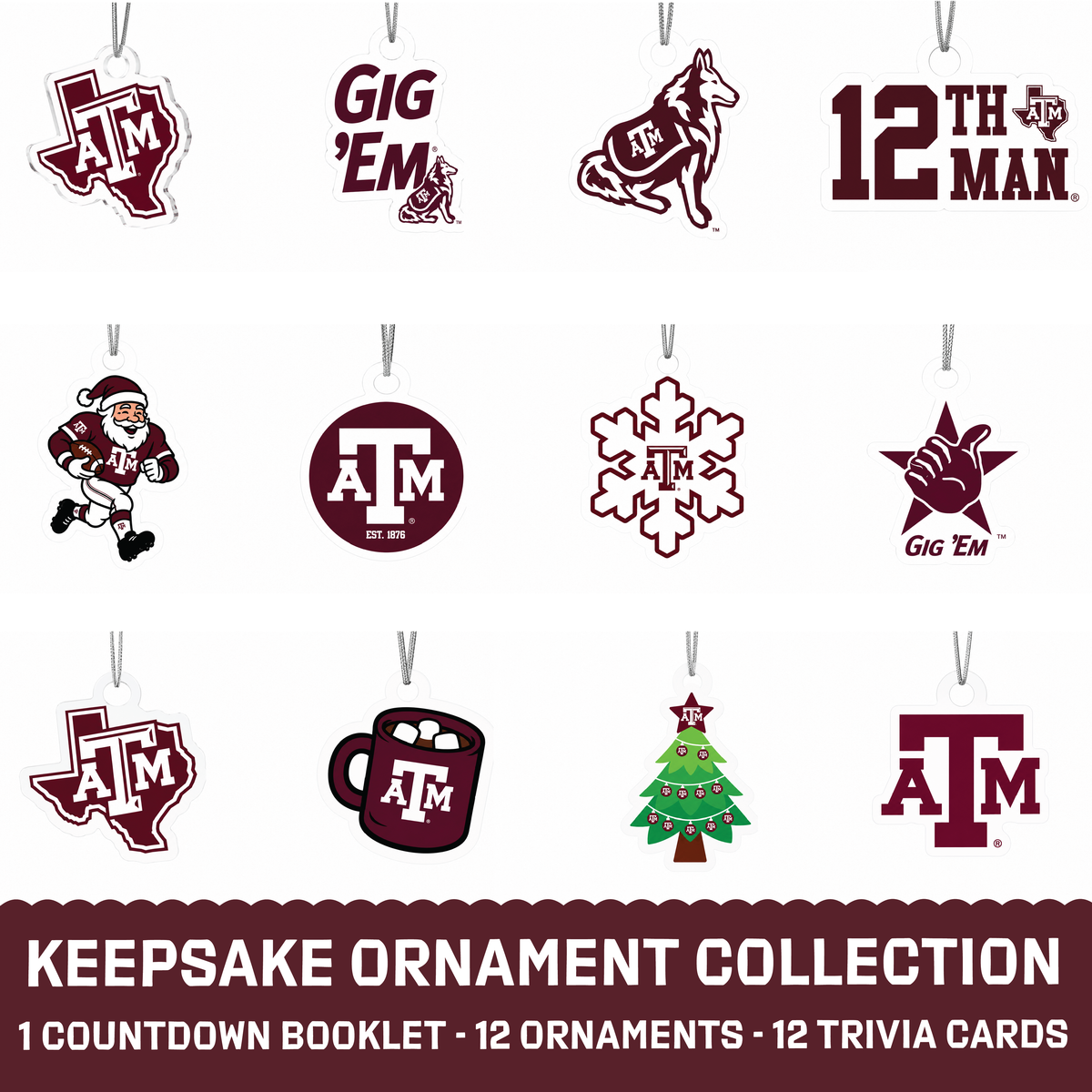 Texas A&M Aggies 12-Day Christmas Ornament Advent Calendar Football Gift