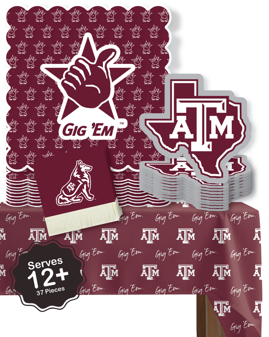Texas A&M party supplies with TAMU tablecloth plates and napkins (37 piece set) for graduation, football tailgating, and birthday party decorations (Serves 12) (Texas A&M Aggies)