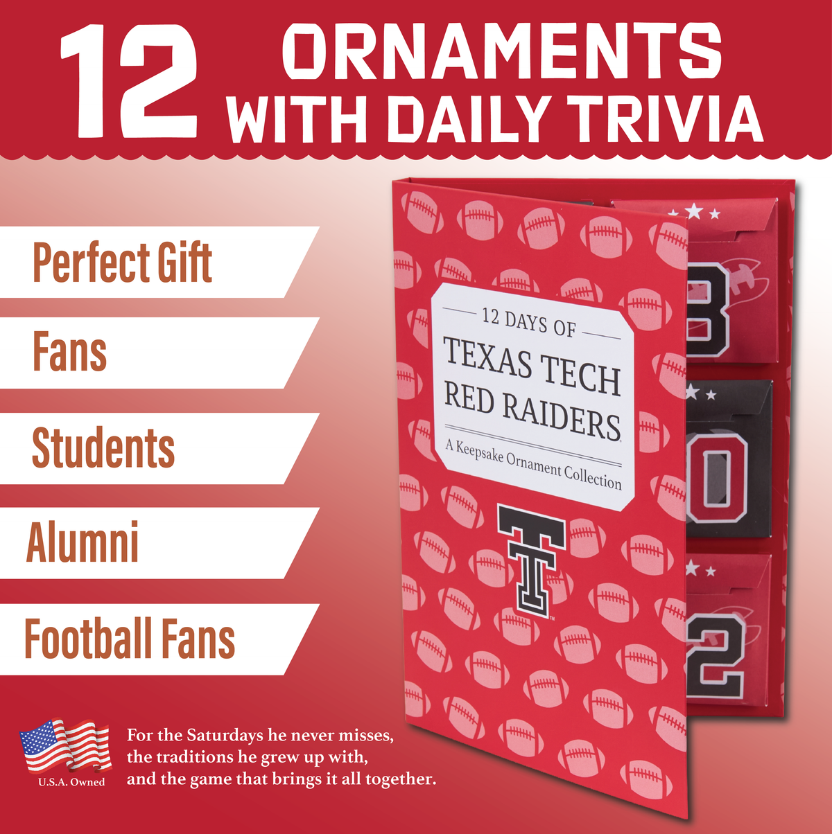 Texas Tech Merch 12-Day Holiday Ornament Advent Calendar Football Gift