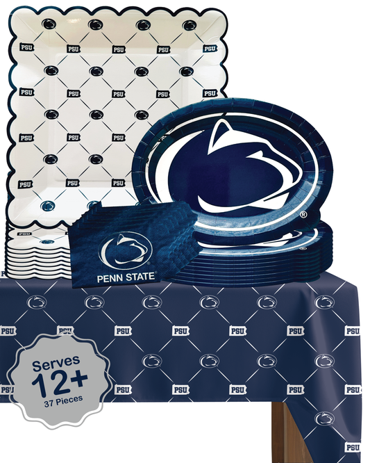 Penn State party supplies with PSU tablecloth plates and napkins (37 piece set) for graduation, football tailgating, and birthday party decorations (Serves 12) (Penn State Nittany Lions)