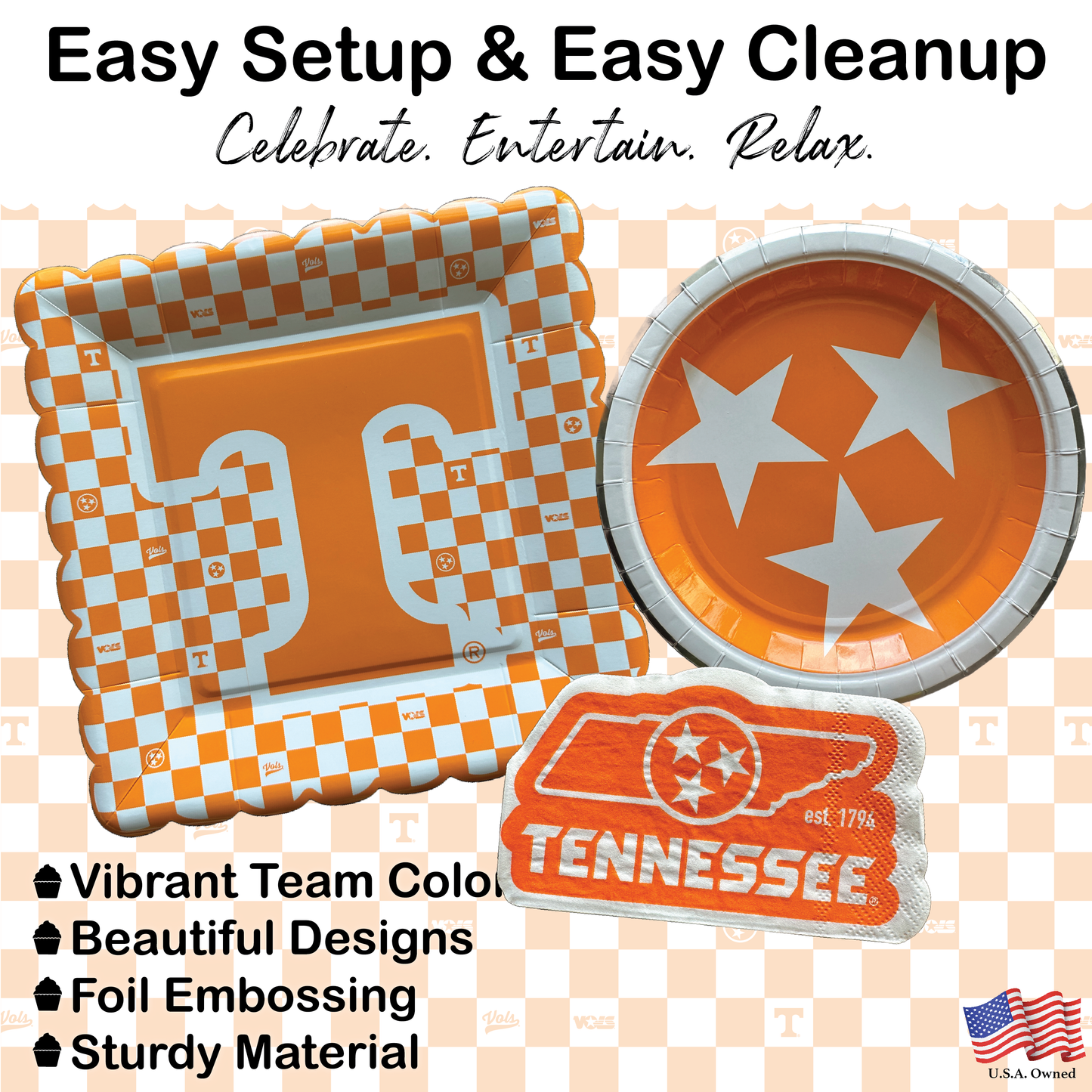 Tennessee Vols Tableware Set with 32 Plates, 16 Napkins and 1 Tablecloth (Serves 16)