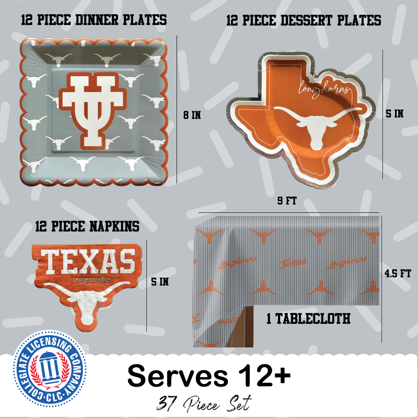Texas Longhorns Tableware Set with 24 Plates, 12 Napkins and 1 Tablecloth (Serves 12)
