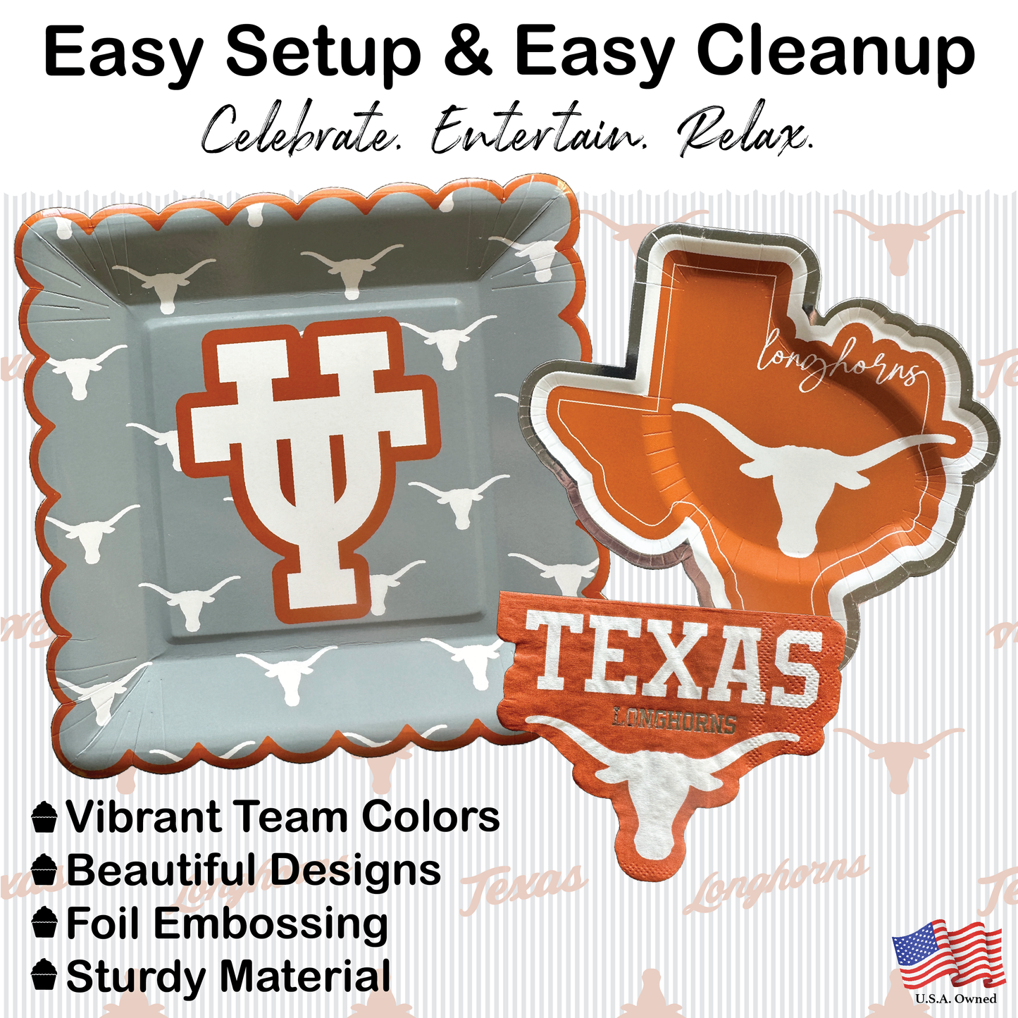 Texas Longhorns Tableware Set with 24 Plates, 12 Napkins and 1 Tablecloth (Serves 12)