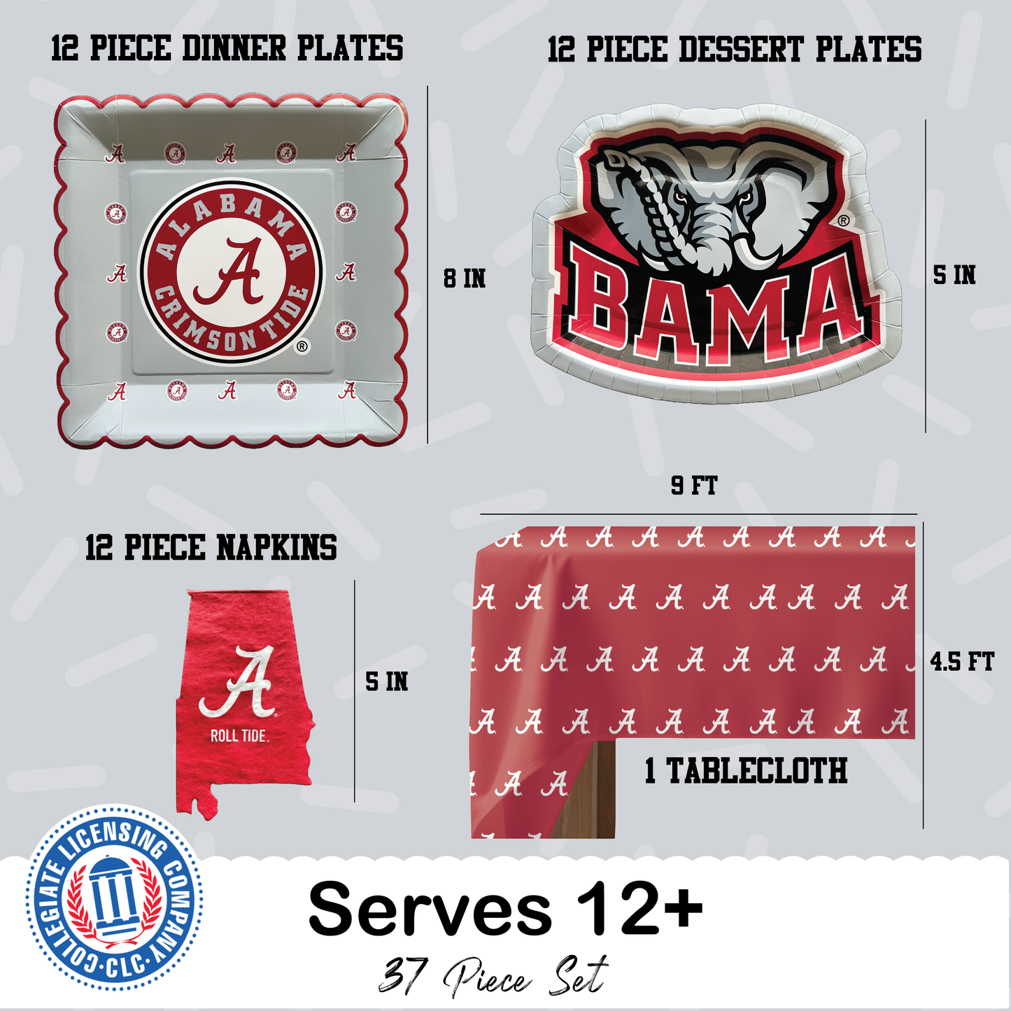 Alabama Crimson Tide Tableware Set with 24 Plates, 12 Napkins and 1 Tablecloth (Serves 12)