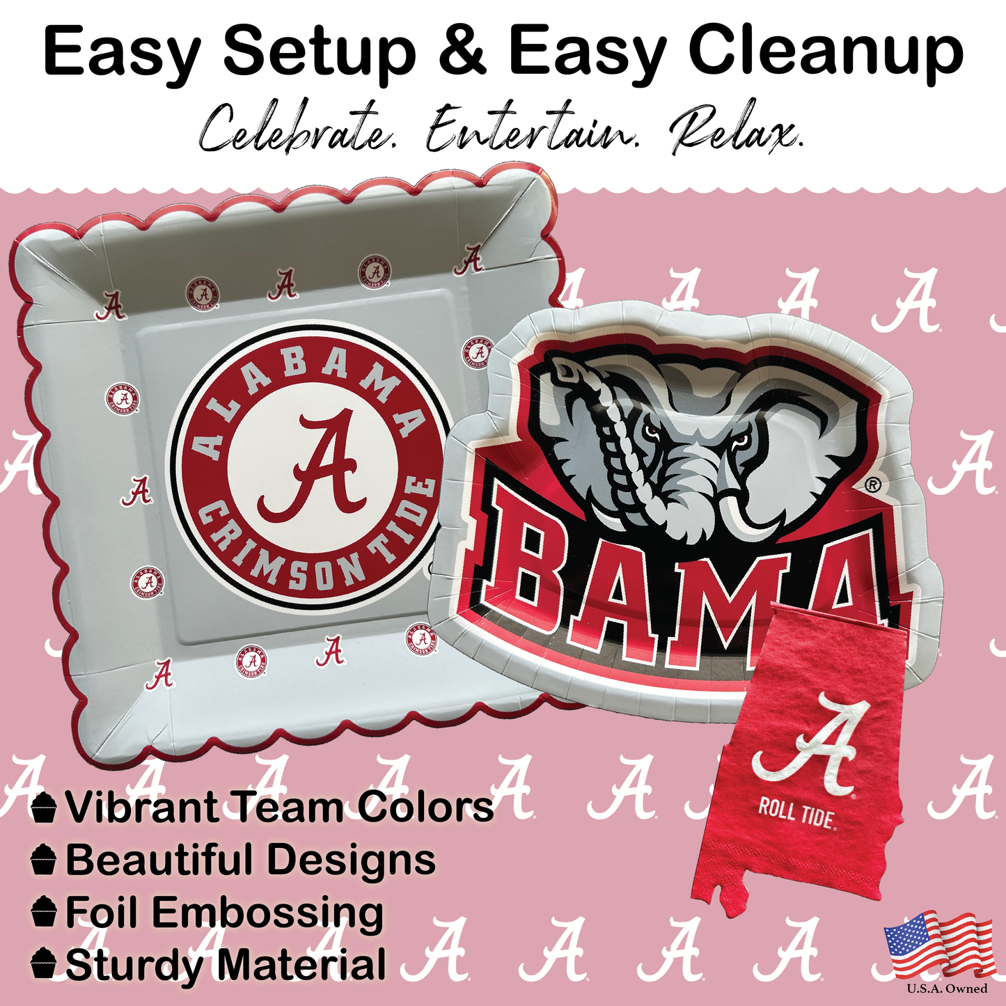 Alabama Crimson Tide Tableware Set with 24 Plates, 12 Napkins and 1 Tablecloth (Serves 12)