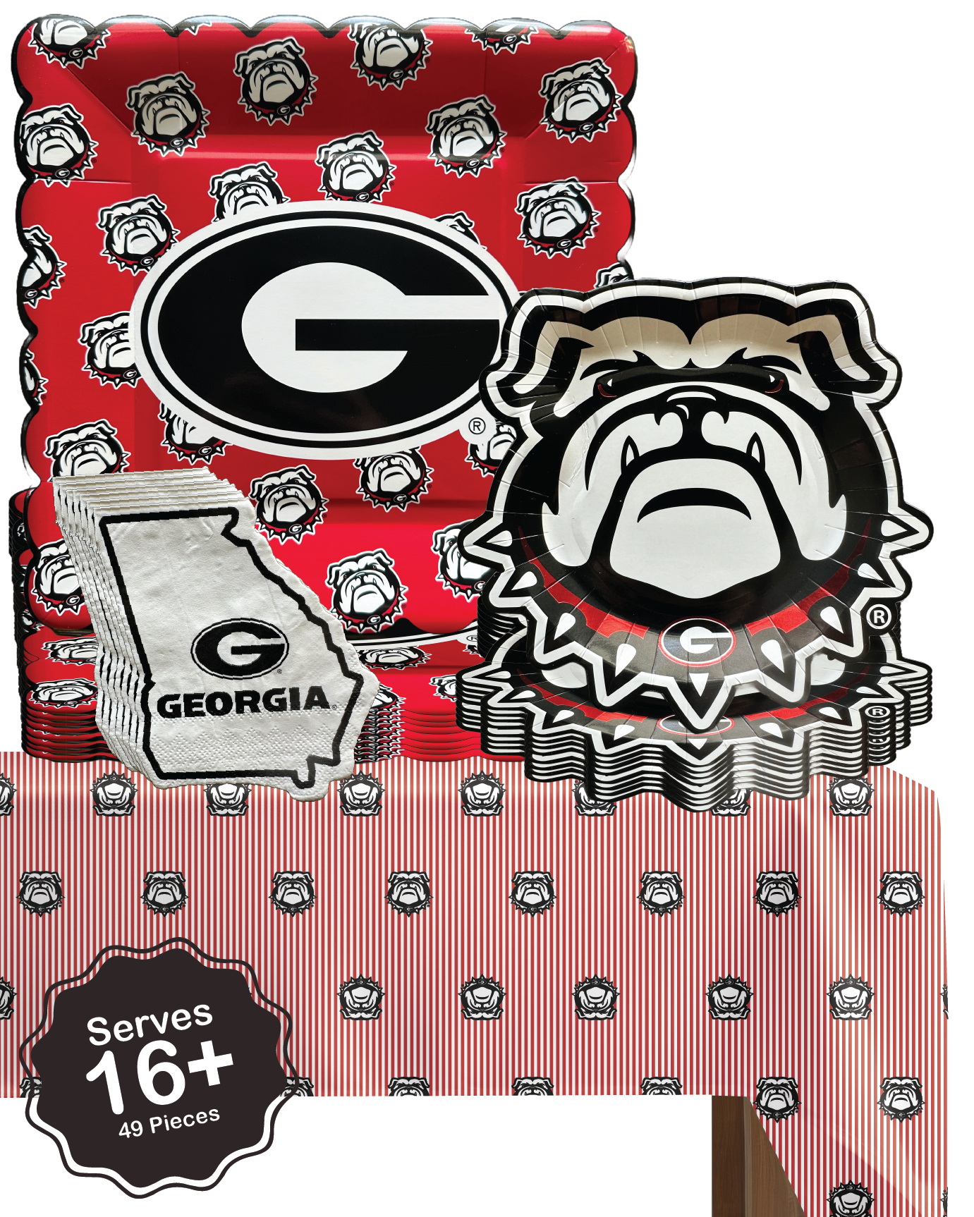 Georgia Bulldogs Tableware Set with 32 Plates, 16 Napkins and 1 Tablecloth (Serves 16)