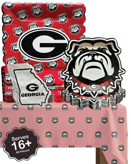 Georgia Bulldogs Tableware Set with 32 Plates, 16 Napkins and 1 Tablecloth (Serves 16)