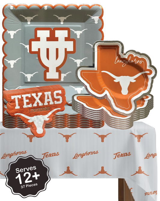 Texas Longhorns Tableware Set with 24 Plates, 12 Napkins and 1 Tablecloth (Serves 12)