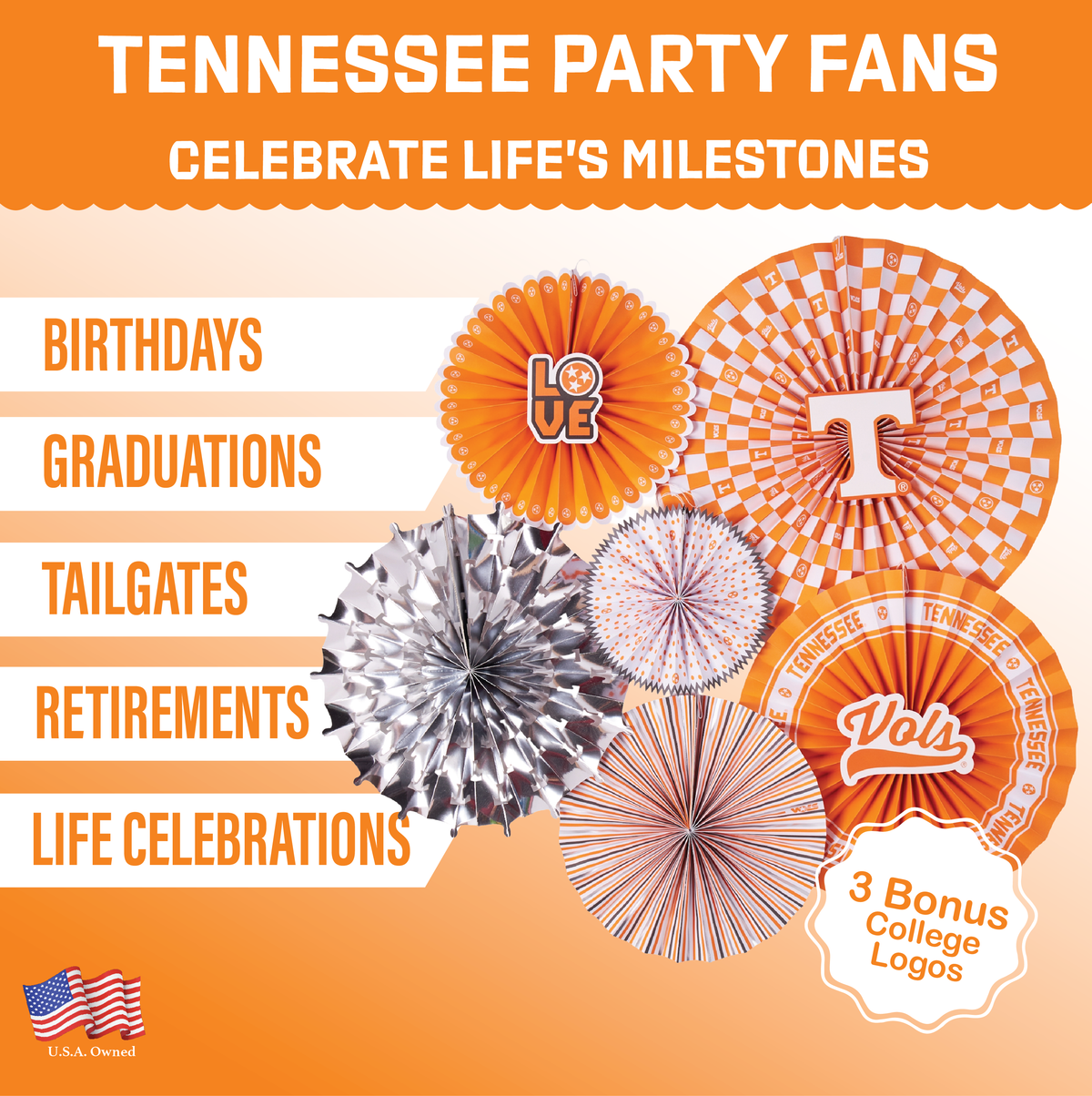 Tennessee Vols Paper Fan Backdrop UT Birthday Graduation Party Decor 6Pc