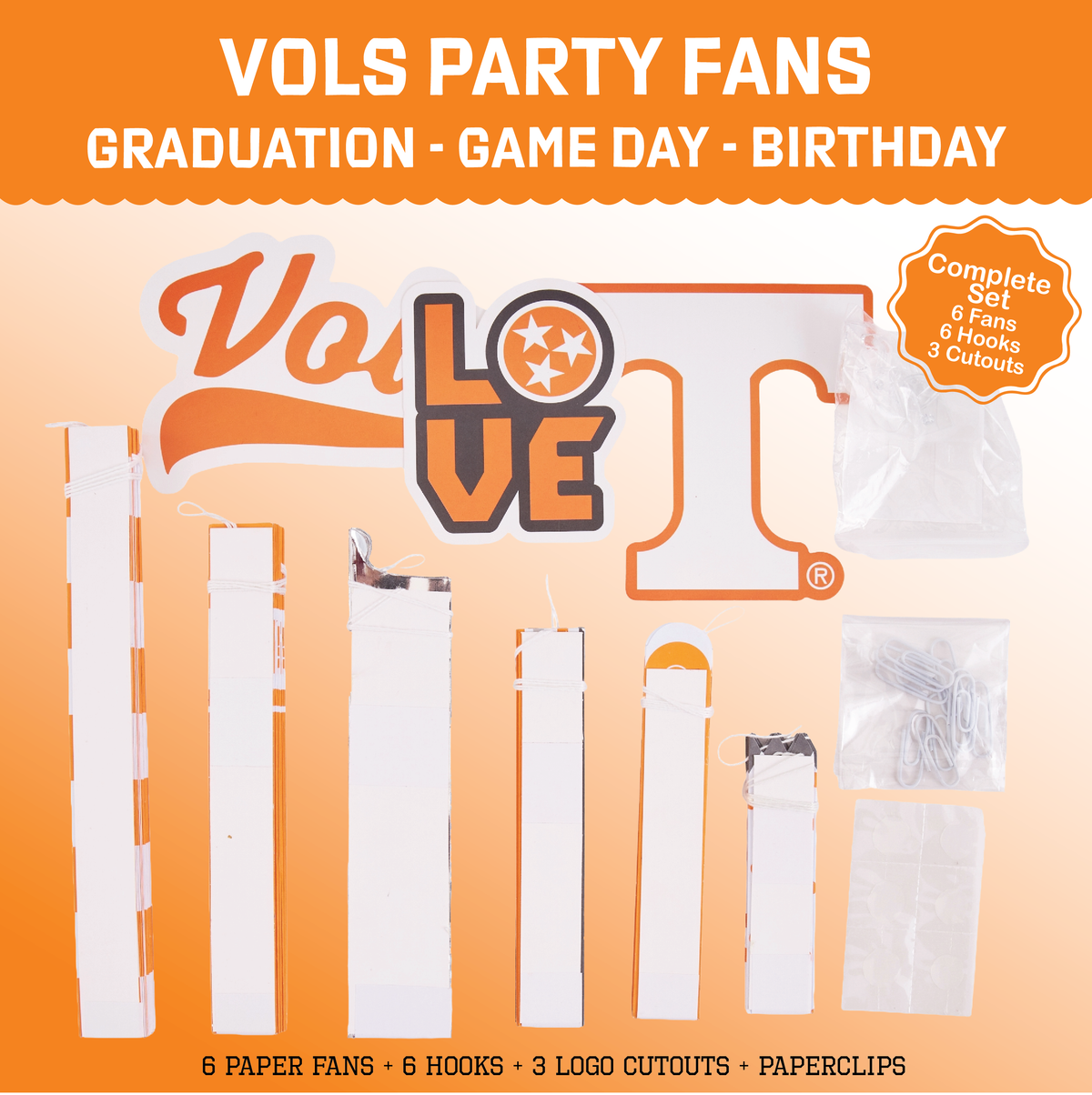 Tennessee Vols Paper Fan Backdrop UT Birthday Graduation Party Decor 6Pc