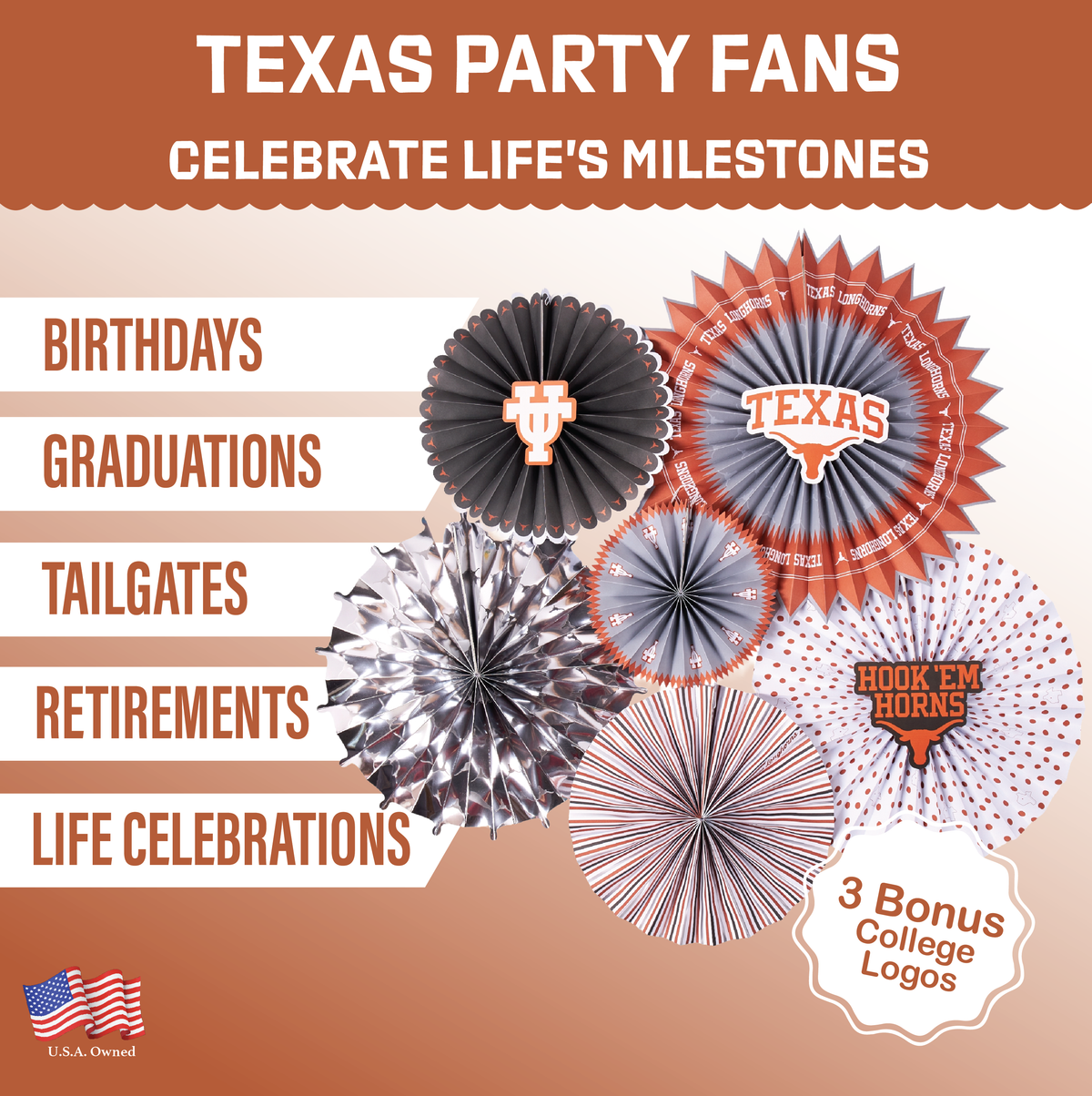 Texas Longhorns Paper Fan UT Backdrop Birthday Graduation Party Decor 6 Pcs