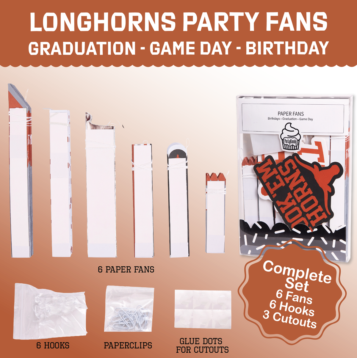 Texas Longhorns Paper Fan UT Backdrop Birthday Graduation Party Decor 6 Pcs