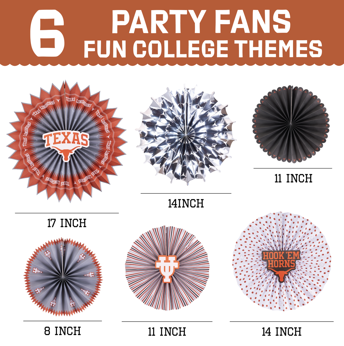 Texas Longhorns Paper Fan UT Backdrop Birthday Graduation Party Decor 6 Pcs