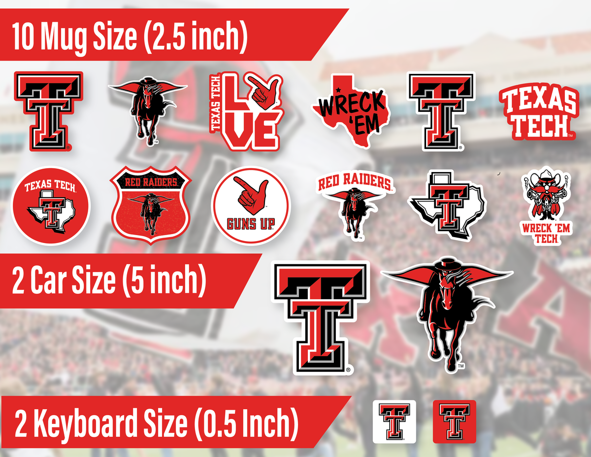 Texas Tech Merch Stickers & Decals for Car, Water Bottle, Gift in 14 Pc Set