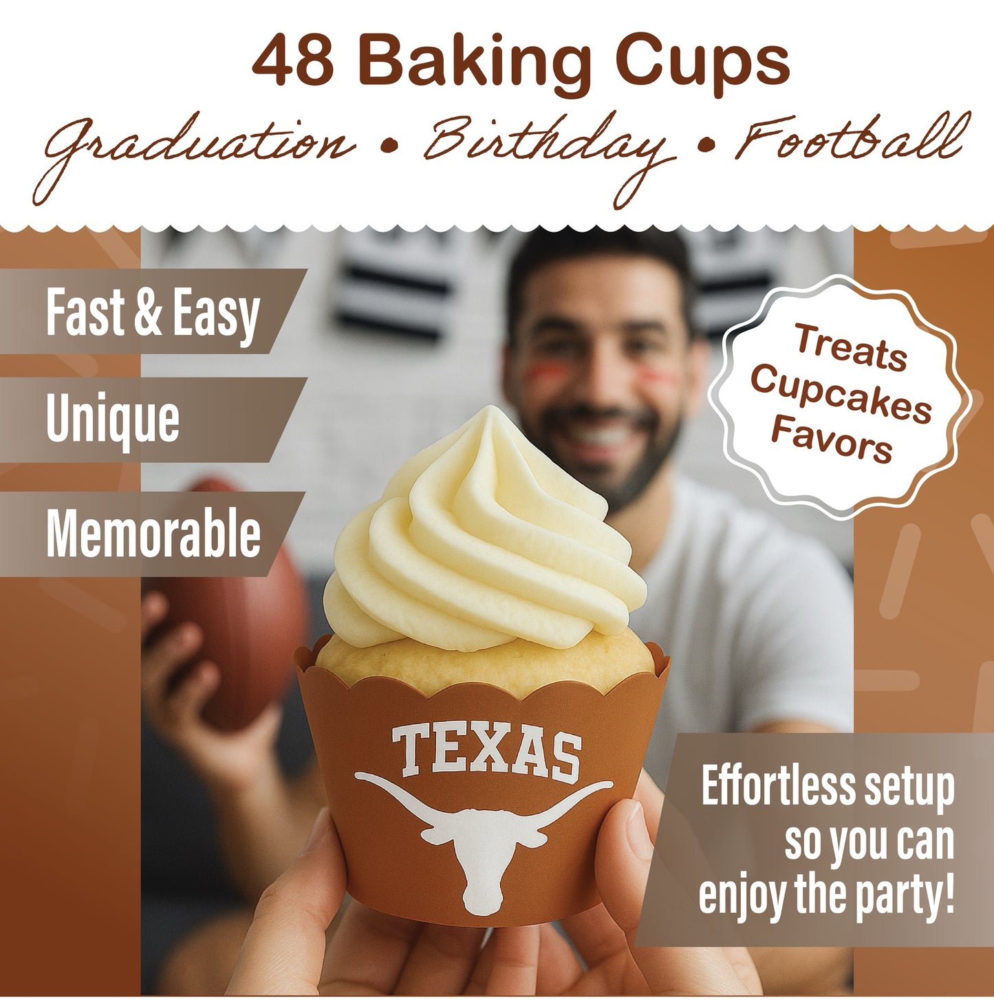 University of Texas Baking Cups (48 Pcs) for UT Longhorns Football, Birthday, and Graduation Party Decorations (Texas Longhorns)