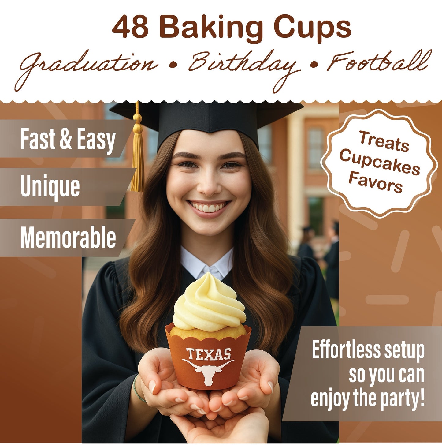 University of Texas Baking Cups (48 Pcs) for UT Longhorns Football, Birthday, and Graduation Party Decorations (Texas Longhorns)
