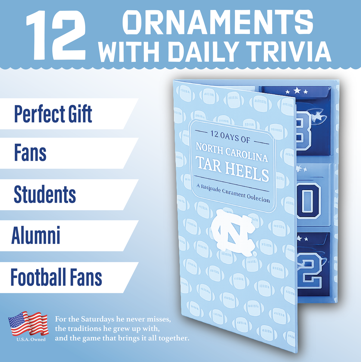 UNC Tar Heels 12-Day Christmas Ornament Advent Calendar Football Fan Gift