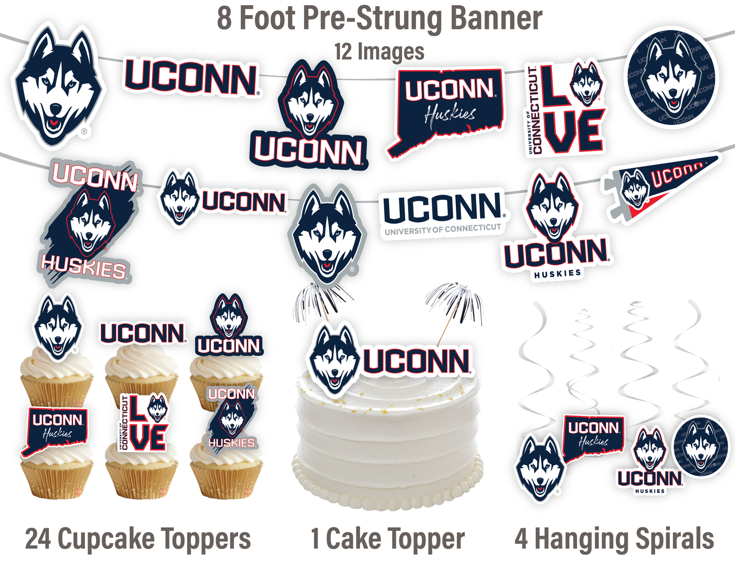 UConn Huskies Party Decorations with Banner and Cupcake Toppers (42 Pieces)