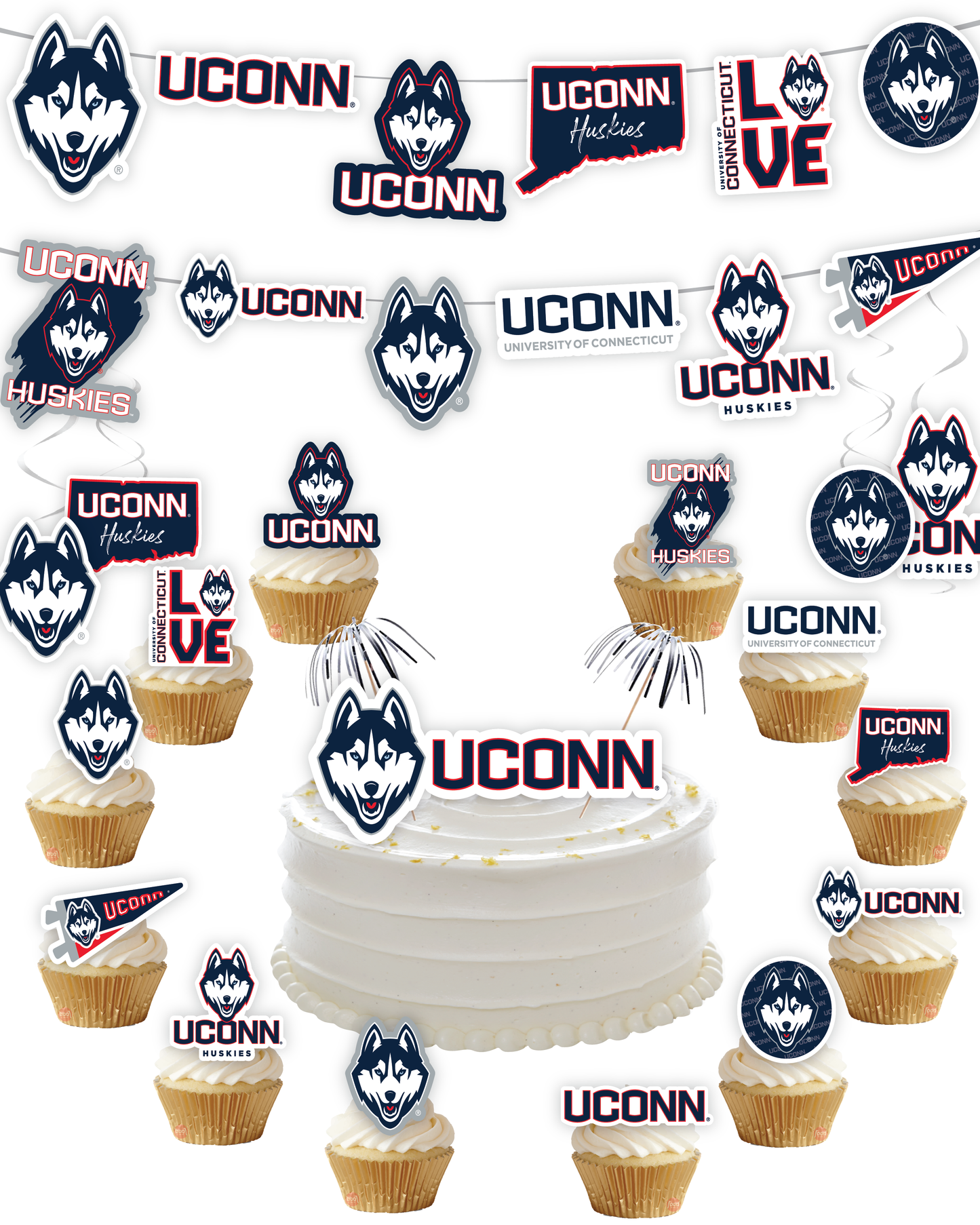 UConn Huskies Party Decorations with Banner and Cupcake Toppers (42 Pieces)