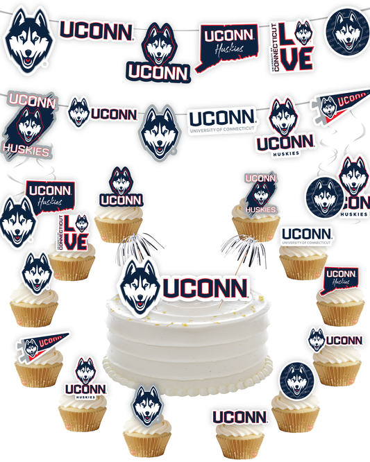UConn Huskies Party Decorations with Banner and Cupcake Toppers (42 Pieces)