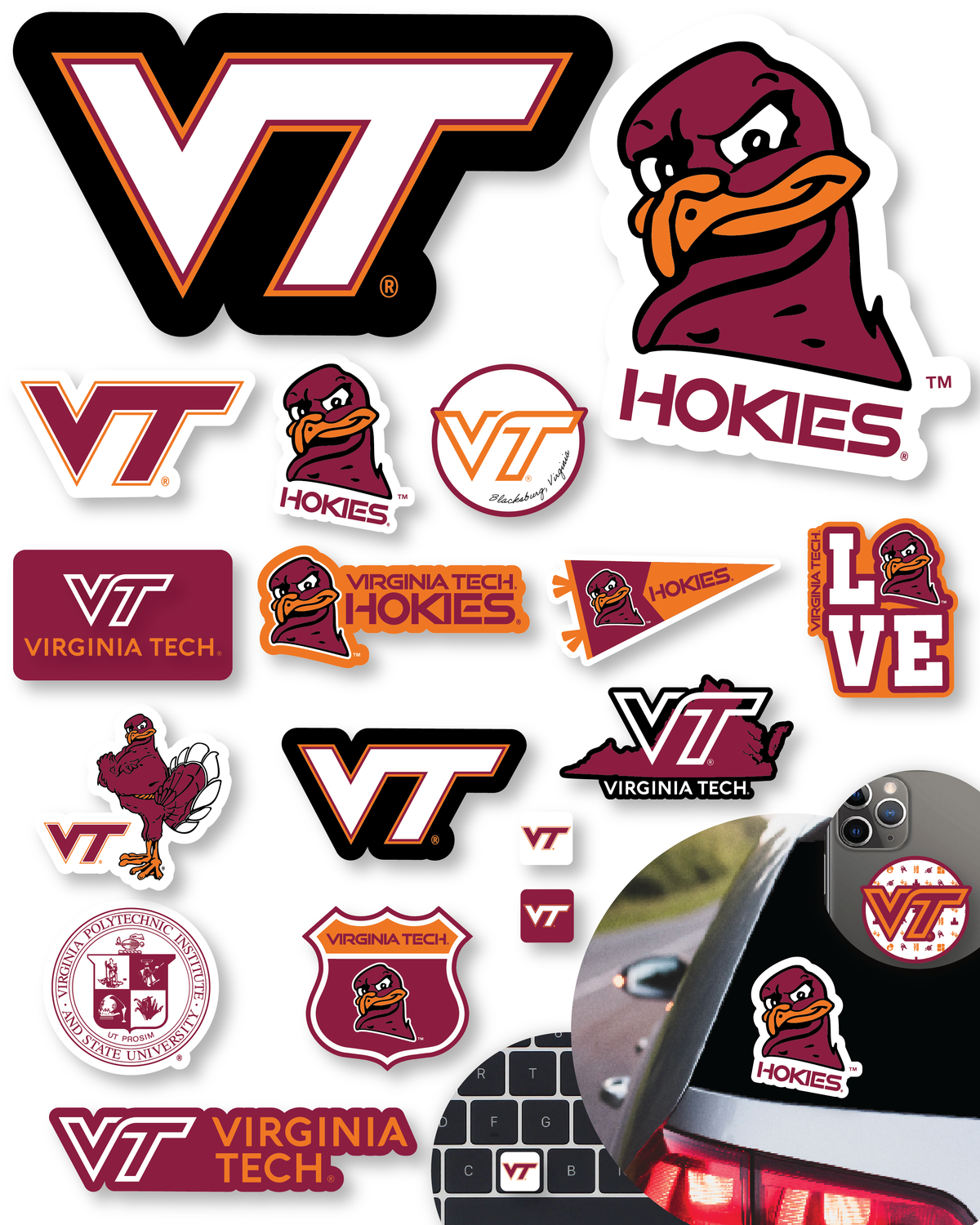 Virginia Tech Merch Stickers Decals VT Gifts Hokies Car Water Bottle 14 Pcs