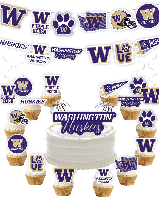 Washington Huskies Party Decorations with Banner and Cupcake Toppers (42 Pieces)