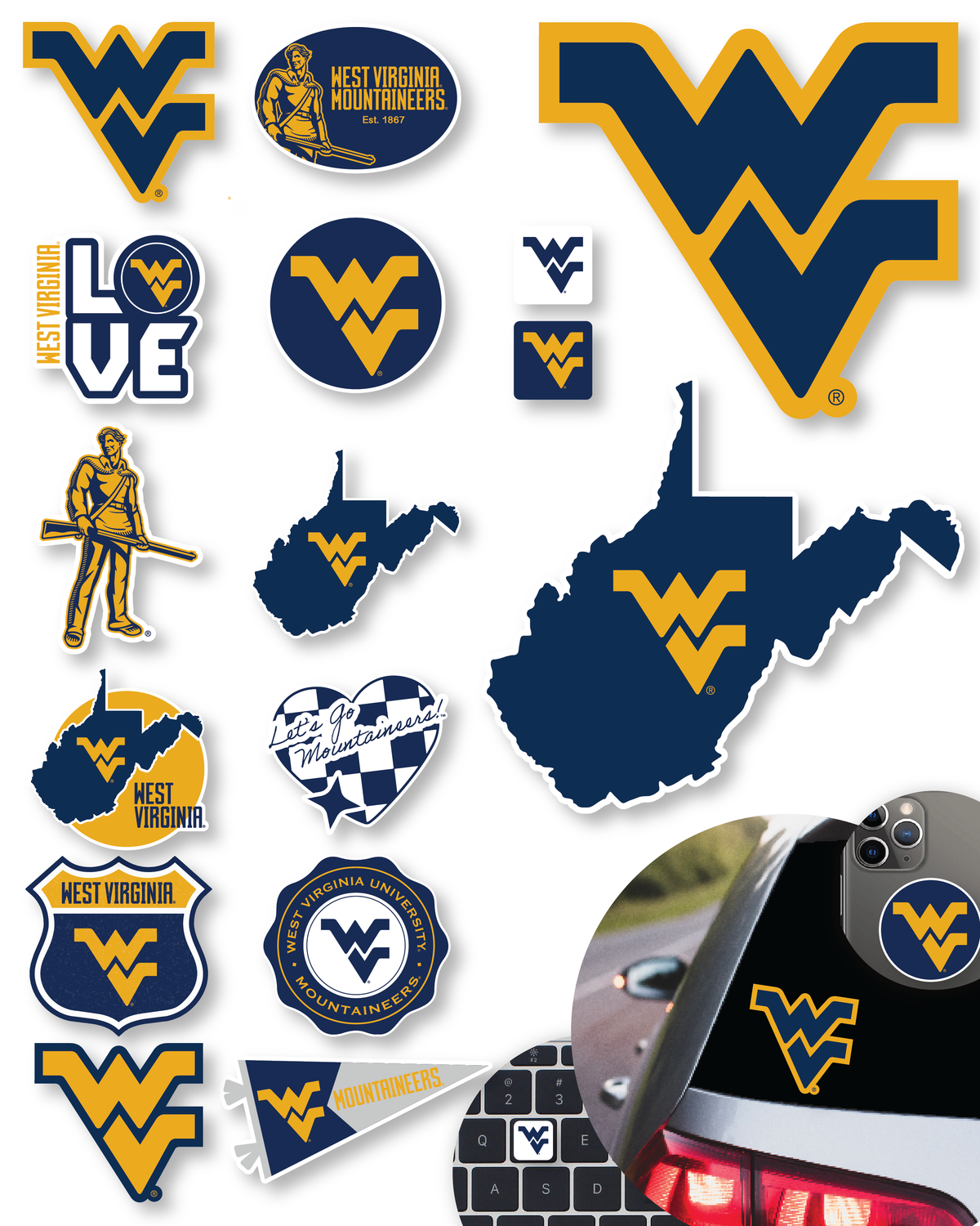 WVU Stickers Decals Merchandise West Virginia Mountaineers Gifts Car 14 Pc