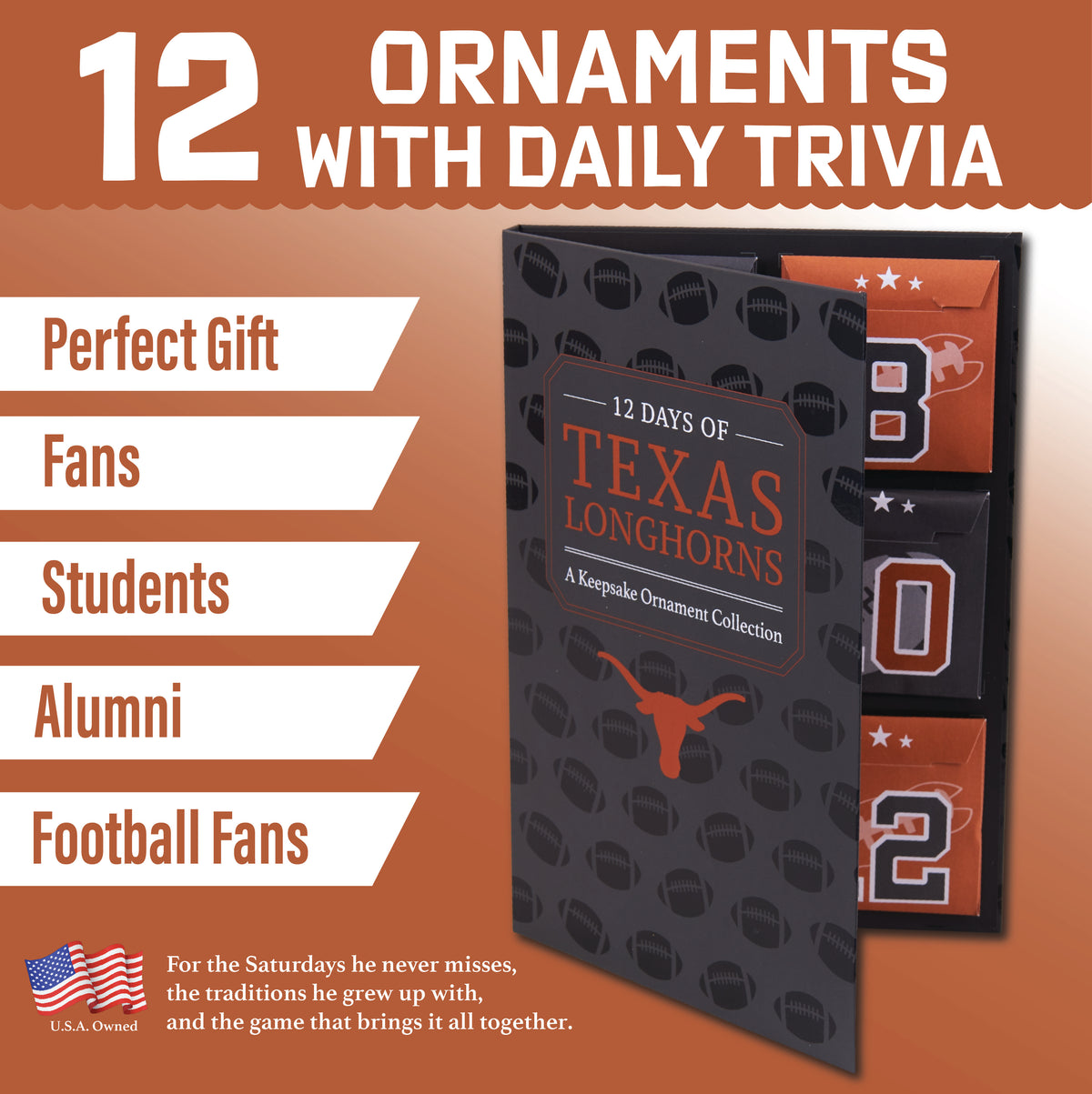Texas Longhorns 12-Day Christmas Ornament Advent Calendar UT Football Gift
